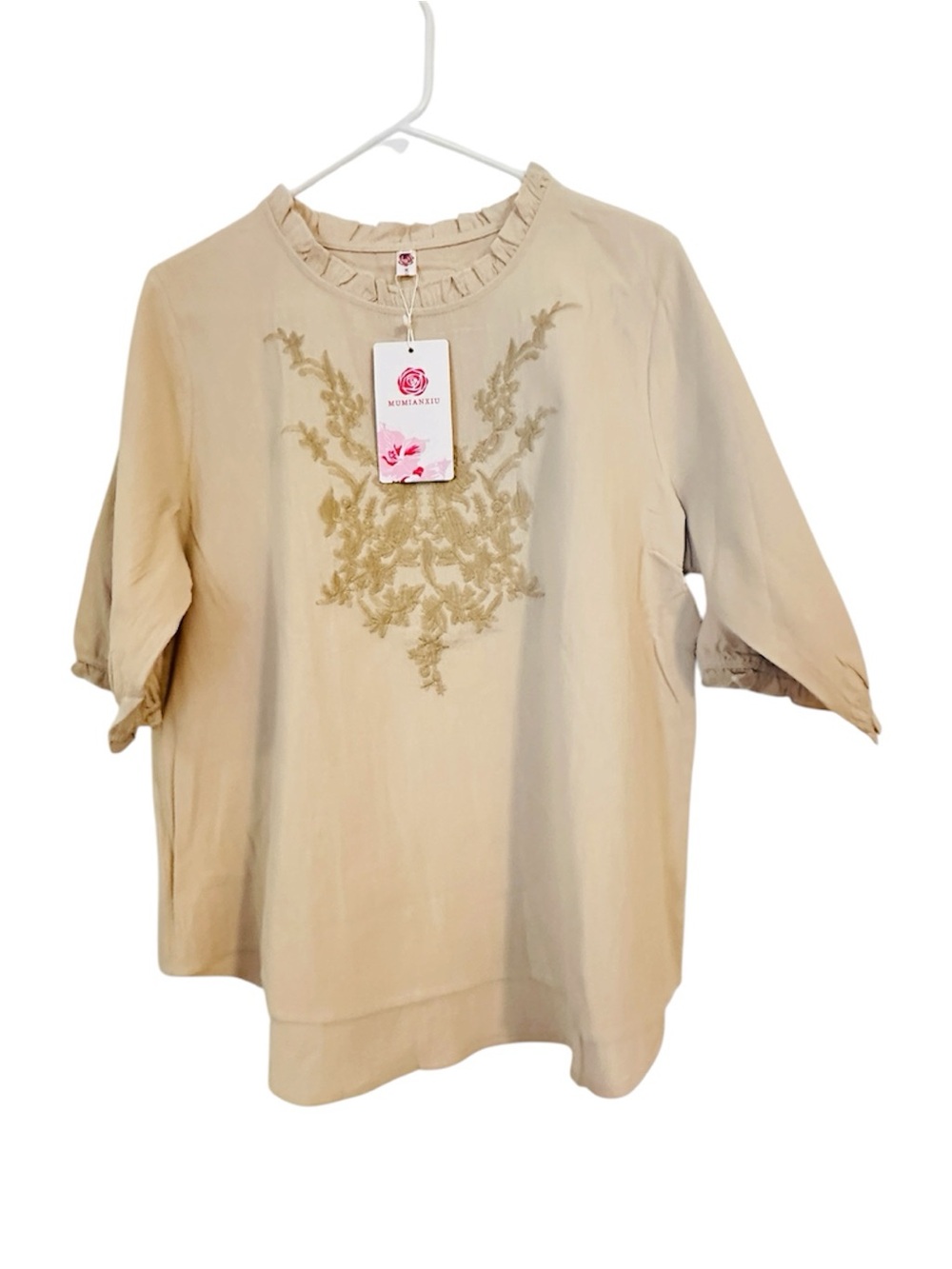 Beige Embroidered Short Sleeve Women's Top - Brand Unspecified